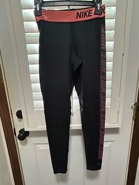 Nike Black Leggings with Pink Waistband and Side Stripe